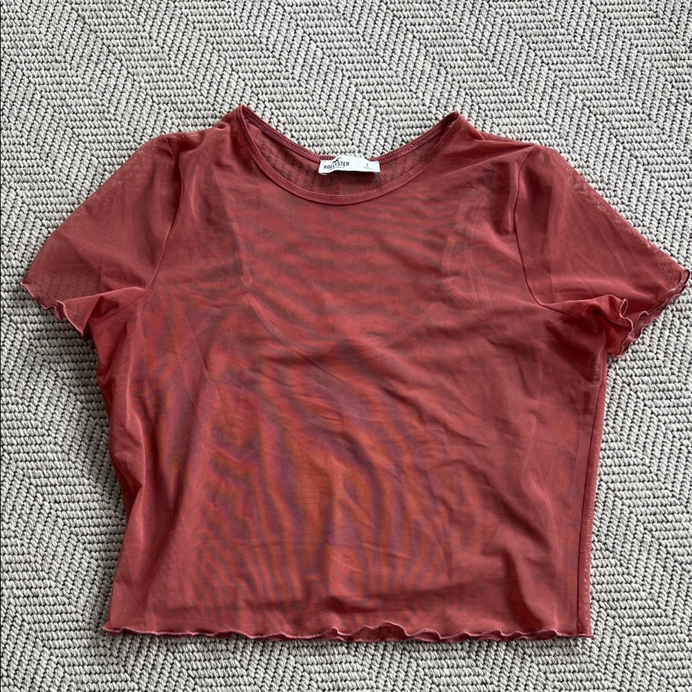 Hollister Sheer Short Sleeve Crop Top in Rust Red